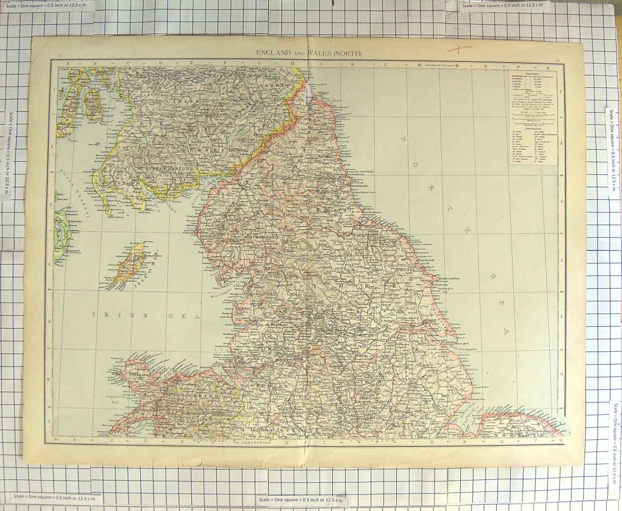 Original Old Antique Print Map C1900 England Wales Isle Man Morcambe Bay 20th