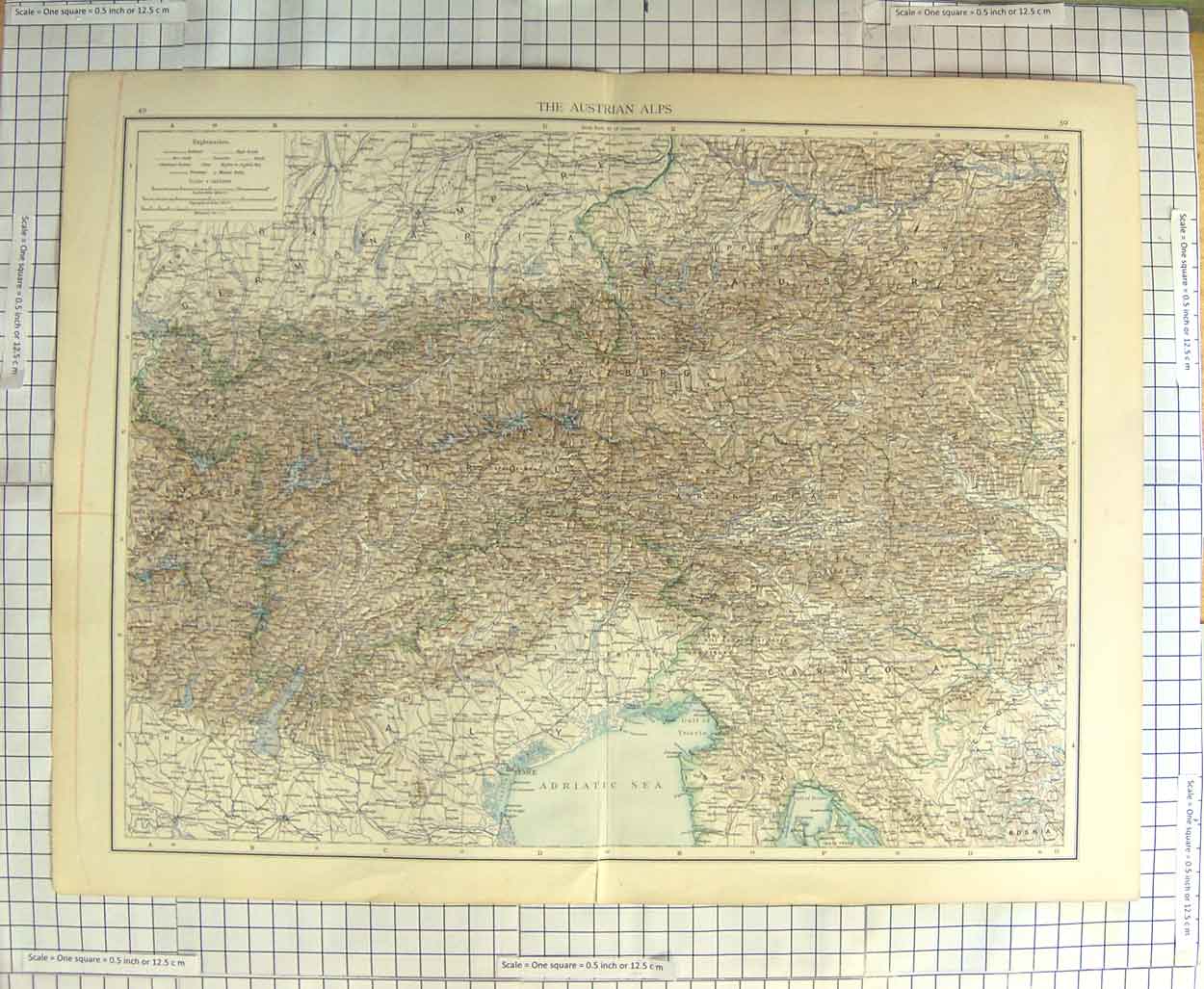 Original Old Antique Print Map C1900 Austrian Alps Venice Adriatic Sea 20th