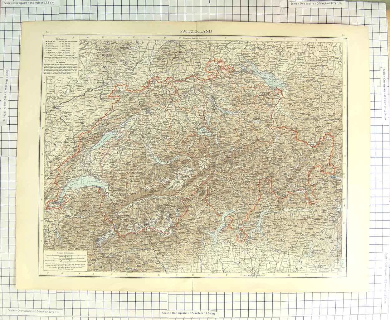 Original Old Antique Print Map C1900 Switzerland Lake Geneva Neuchatel 20th