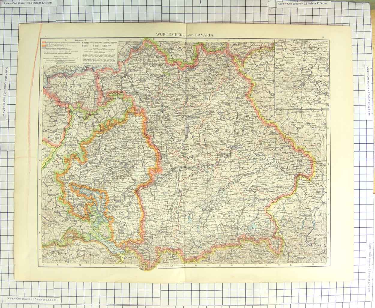 Original Old Antique Print Damaged Map C1900 Wurtemberg Bavaria Munich 20th