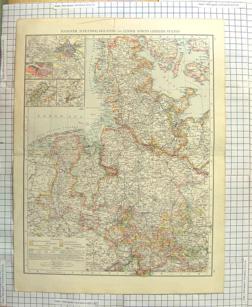 Original Old Antique Print Map C1900 Hanover Germany Hamburg Birkenfeld 20th