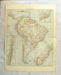 Original Old Antique Print Map C1900 South America Falkland Uruguay Chile 20th