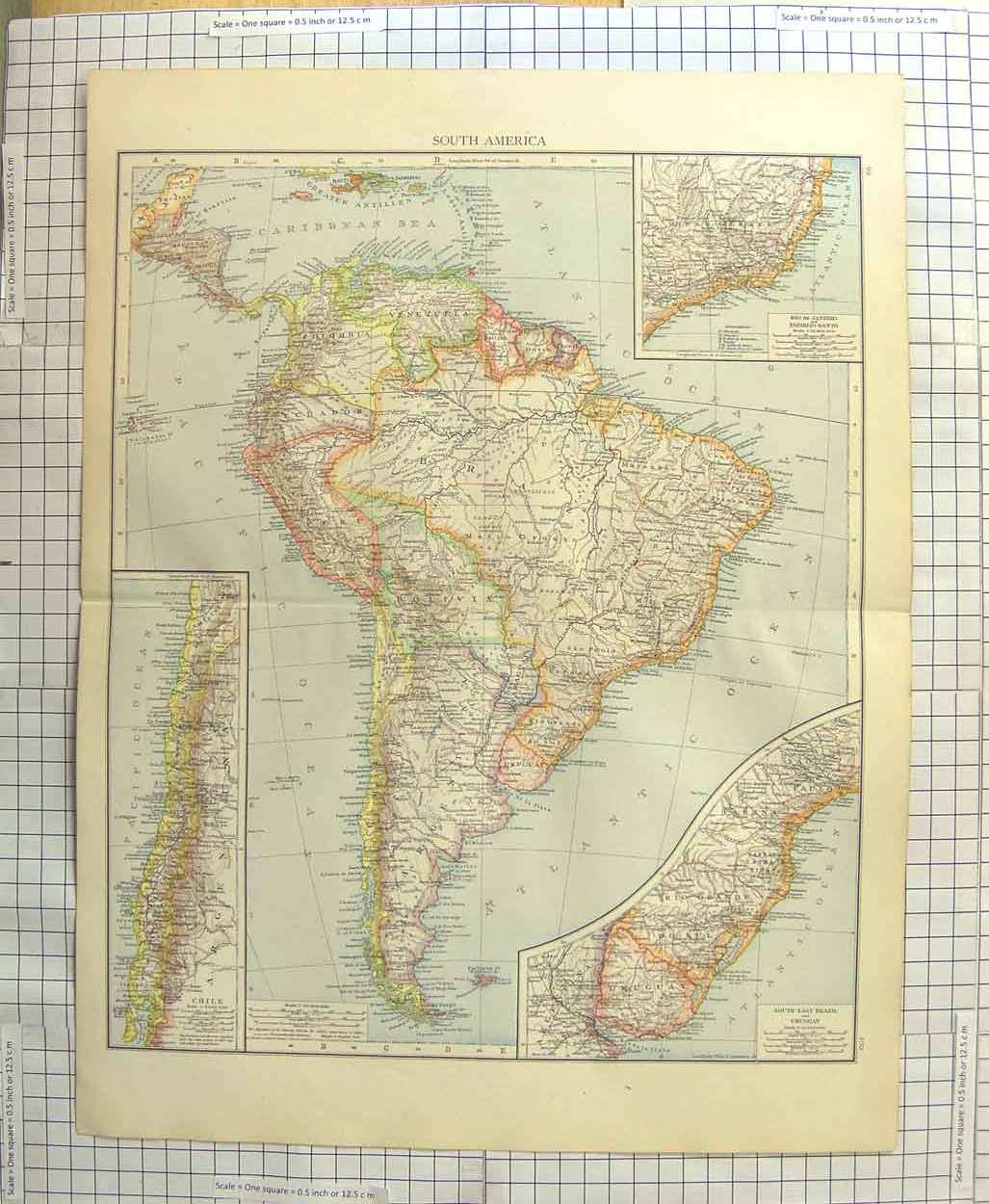 Original Old Antique Print Map C1900 South America Falkland Uruguay Chile 20th