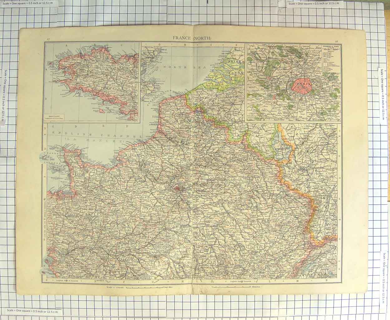 Original Old Antique Print Map C1900 France Brittany Plan Paris Channel 20th