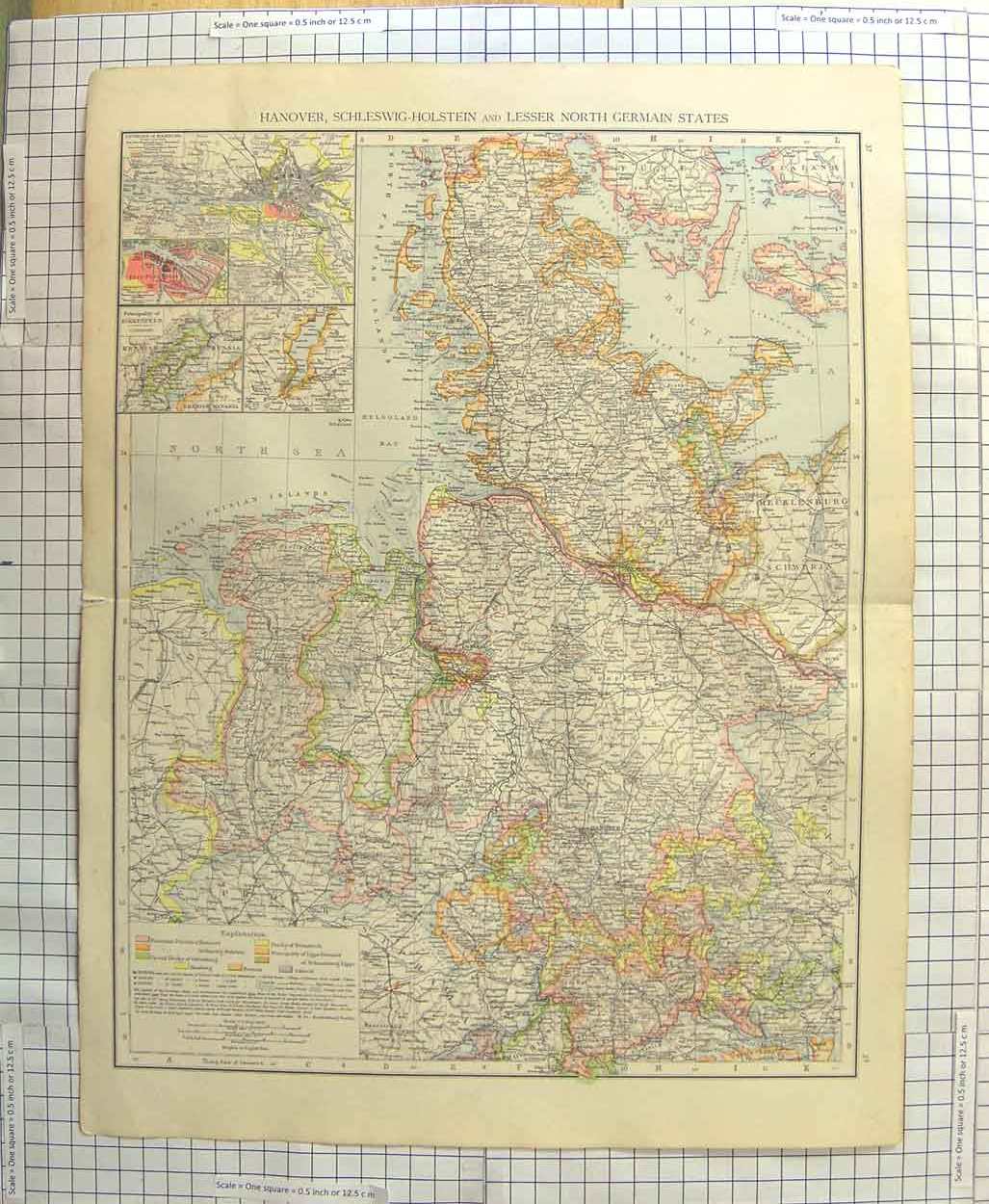 Original Old Antique Print Map C1900 Hanoer Germany Bremen Hamburg Victorian