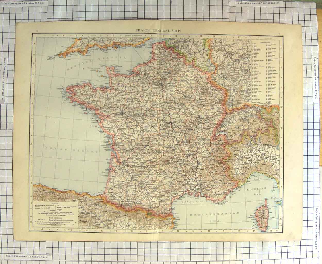 Original Old Antique Print Map C1900 France Corsica Paris Marseilles Victorian