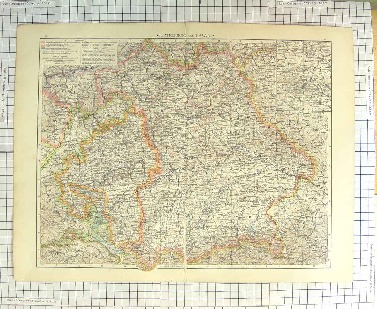 Original Old Antique Print Map C1900 Wurtemberg Bavaria Munich Stuttgart 20th