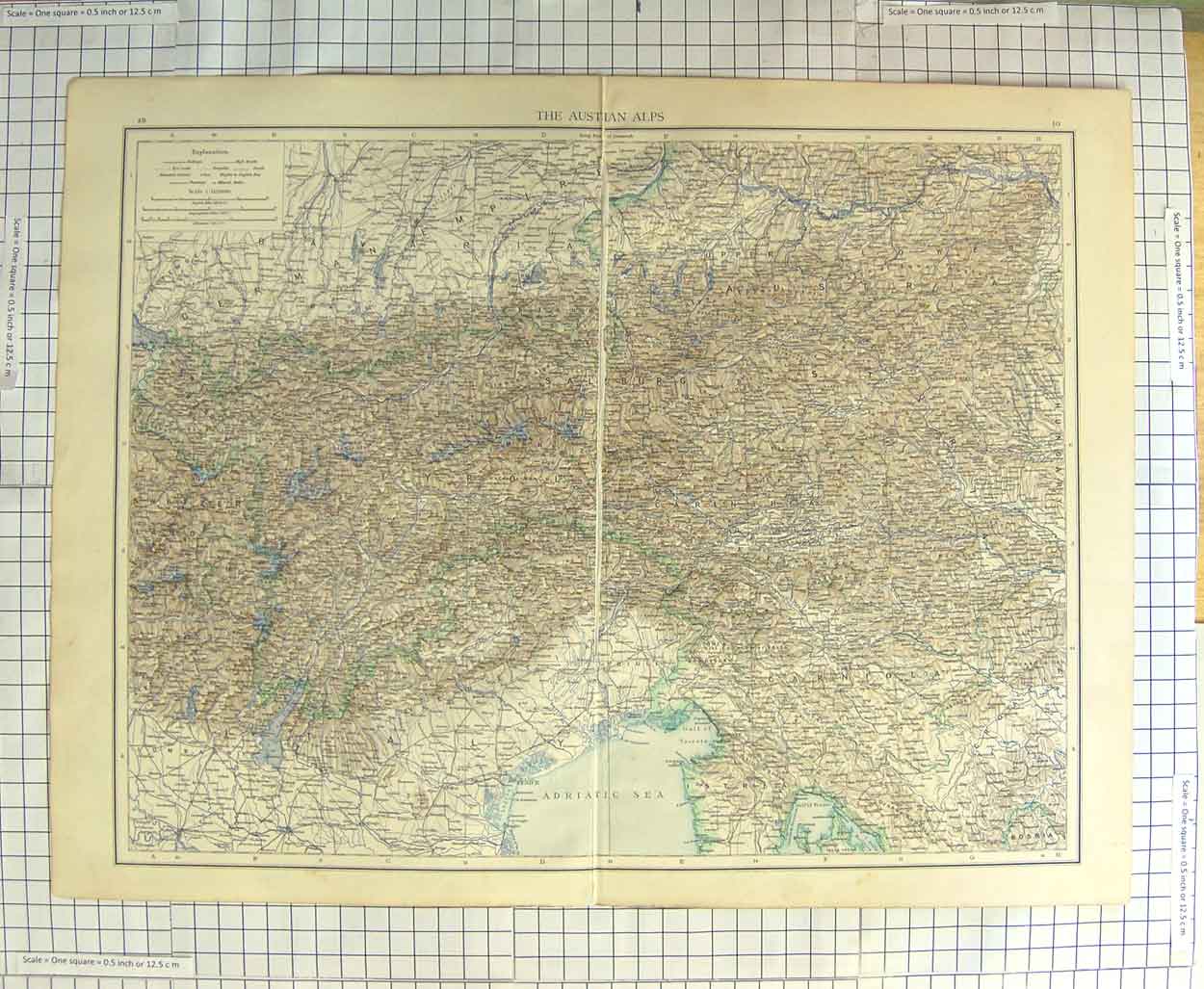Original Old Antique Print Map C1900 Austrian Alps Adriatic Sea Venice 20th