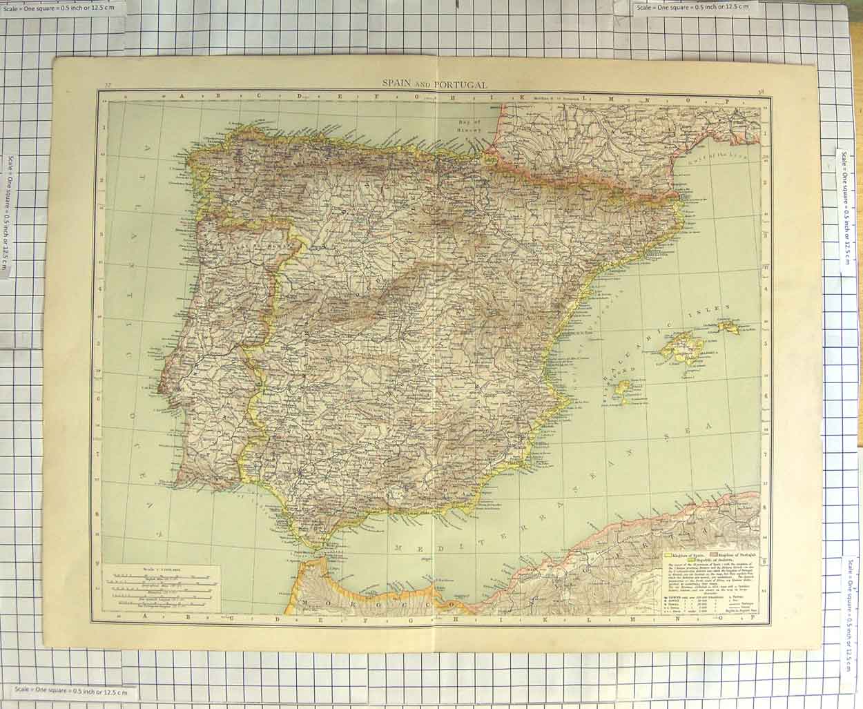 Original Old Antique Print Map C1900 Spain Portugal Mediterranean Majorca 20th