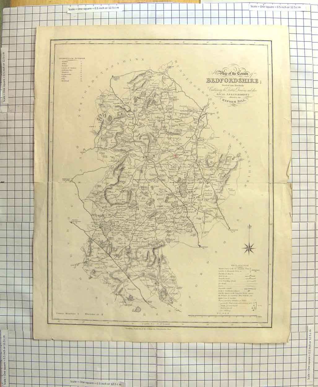 Original Old Antique Print *3199 Map C1790-C1900 Bedfordshire England Bedford