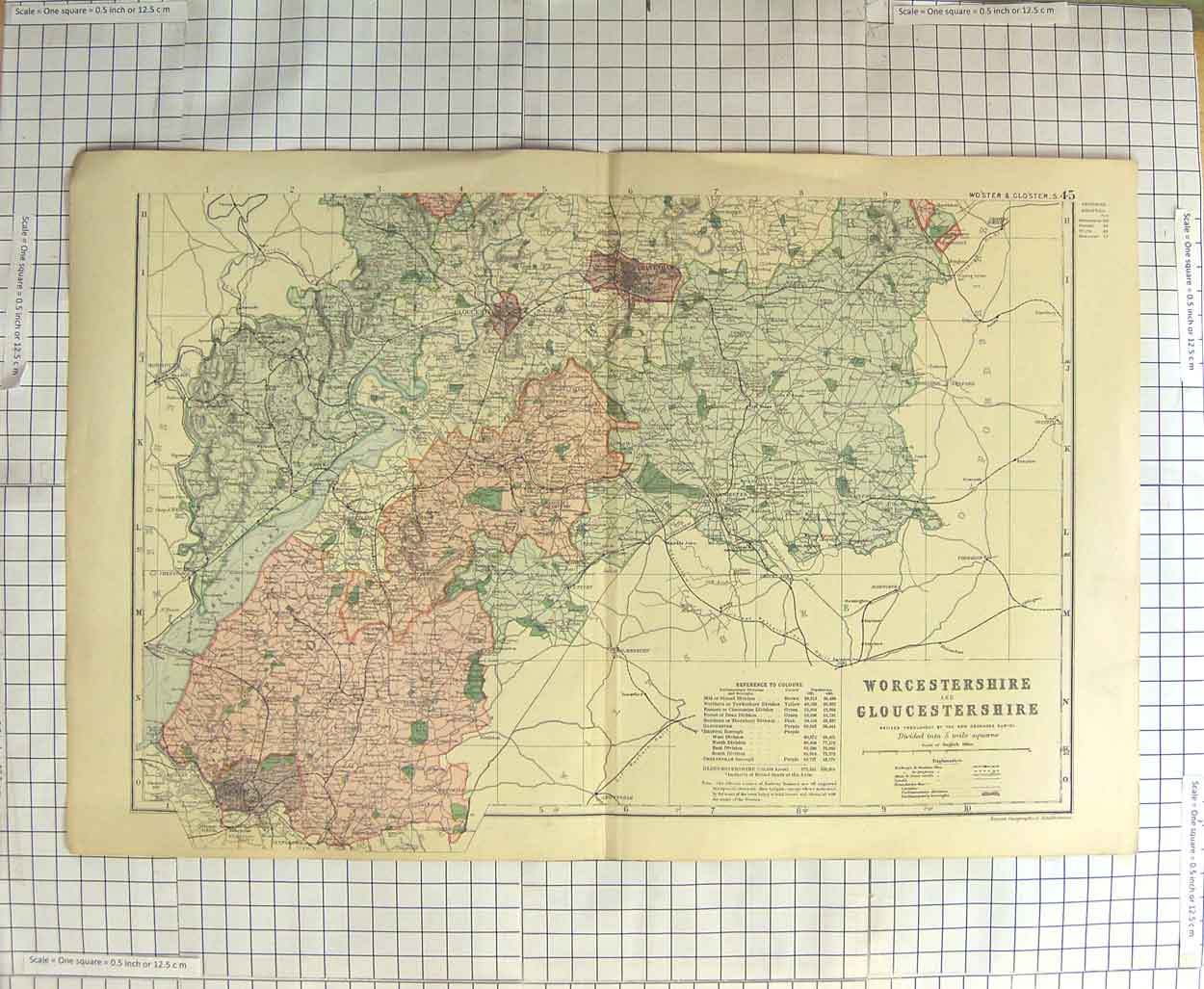 Original Old Antique Print Map C1900 Worcestershire Gloucestershire Victorian