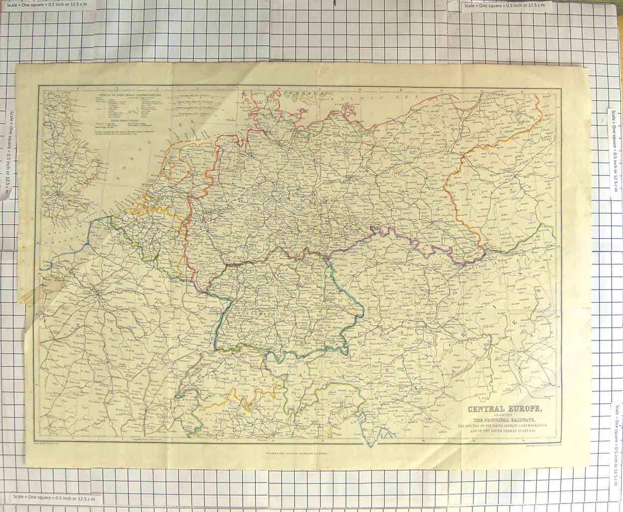 Original Old Antique Print Weller Map 1865 Europe Railways Germany France 19th