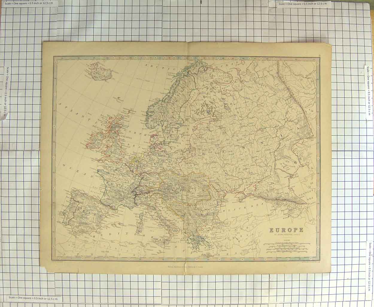 Original Old Antique Print Johnston Map C1790-C1900 Europe France Spain 18th
