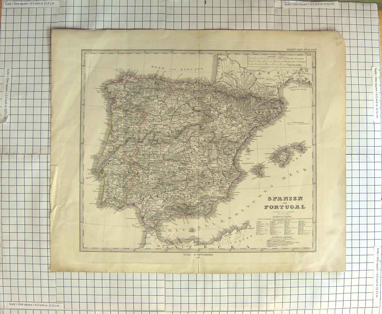 Original Old Antique Print Poppey Map 1875 Spain Portugal Gibraltar Victorian