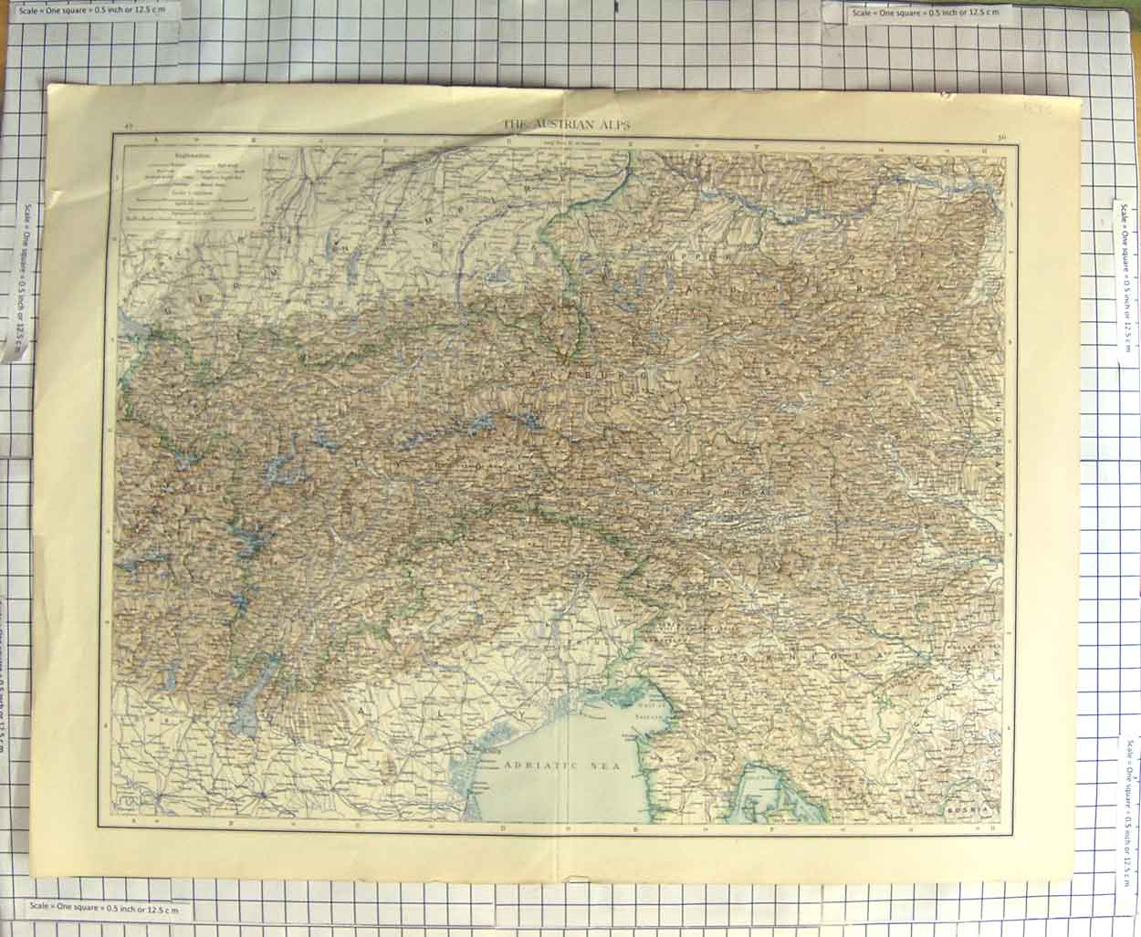 Original Old Antique Print Map C1900 Austrian Alps Venice Italy Adriatic 20th