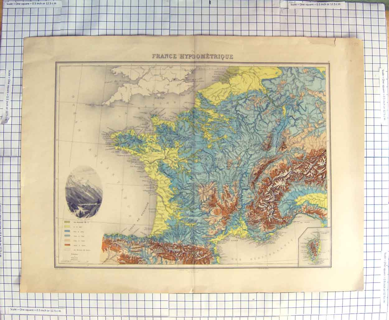 Original Old Antique Print Map C1790-C1900 France Hypsometrique Mountains 18th