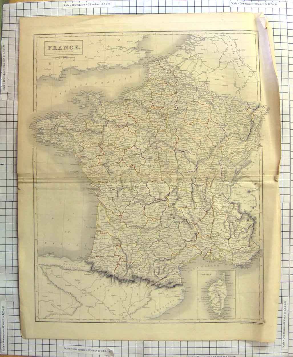 Original Old Antique Print Hall Map C1790-C1900 France Corsica Biscay 18th
