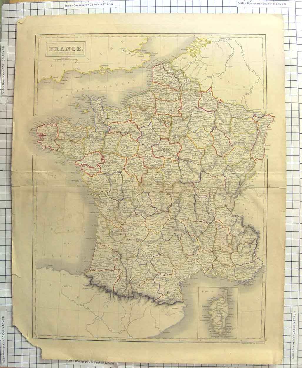 Original Old Antique Print Hall Map C1790-C1900 France Corsica Bay Biscay 18th