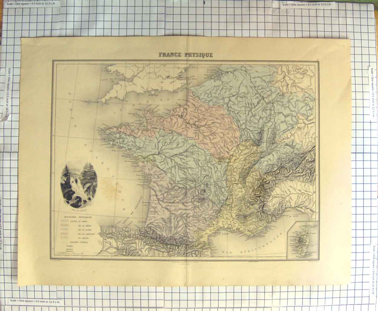 Original Old Antique Print Map C1790-C1900 France Physique Mountains 18th