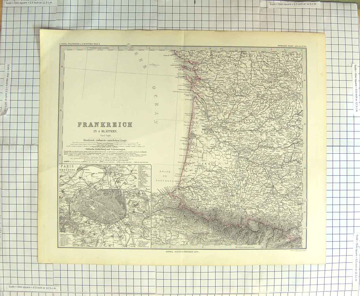 Original Old Antique Print Map 1879 Frankreich France Paris Plan Pyrenees 19th