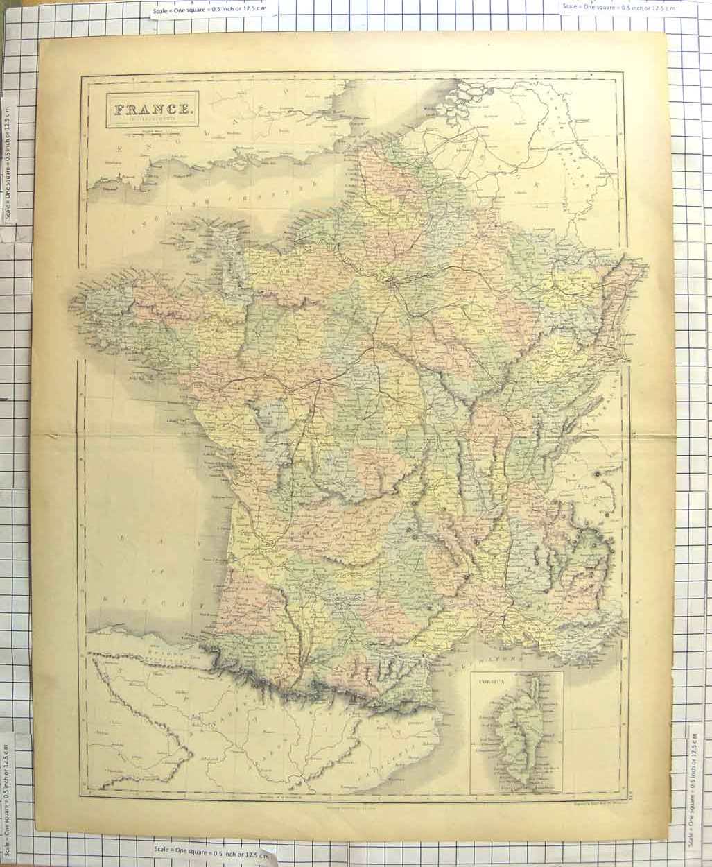 Old Antique Print Ref.644 Hall Map C1790-C1900 France Corsica Bay Biscay