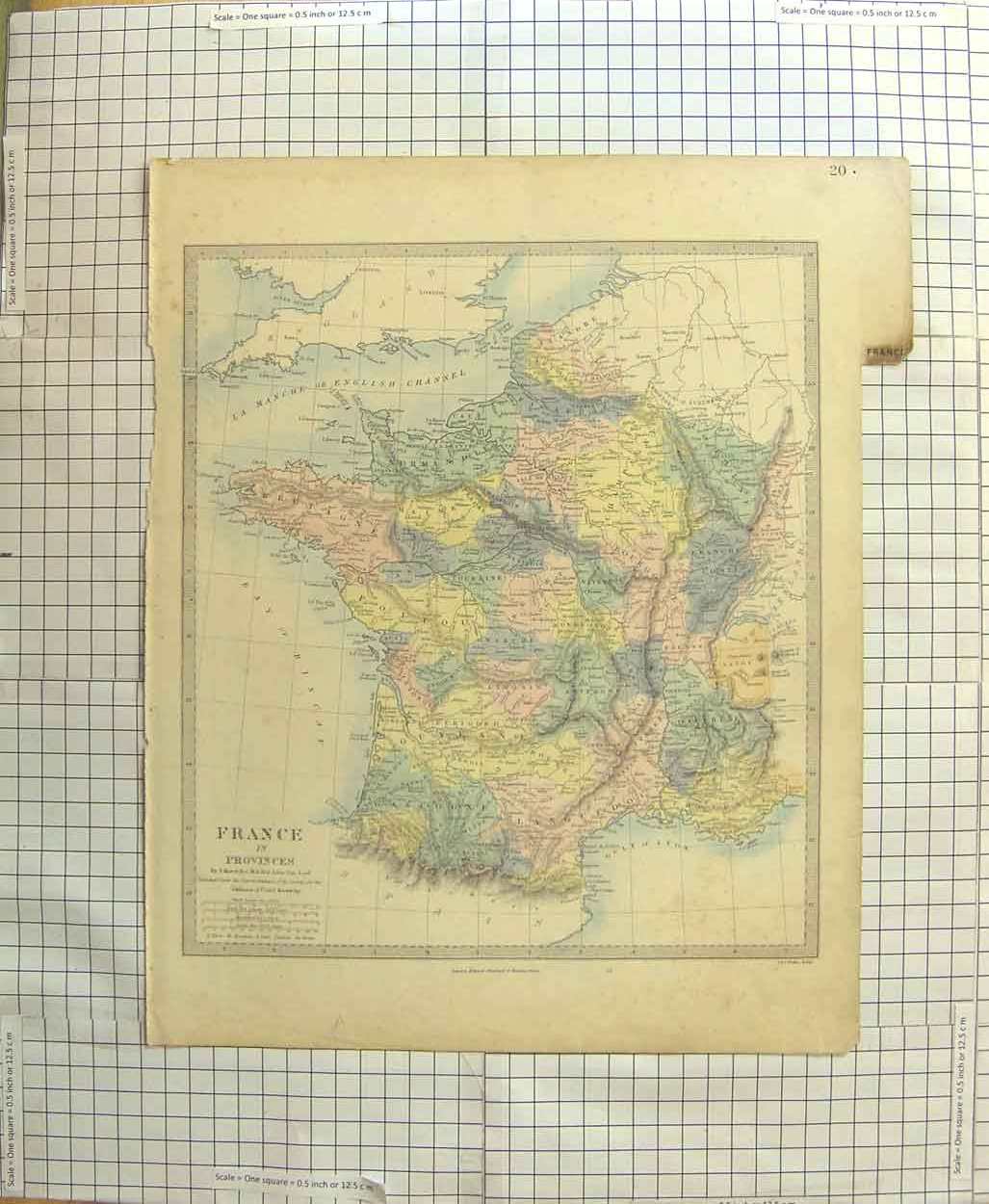 Original Old Antique Print Walker Map C1790-C1900 France English Channel 18th