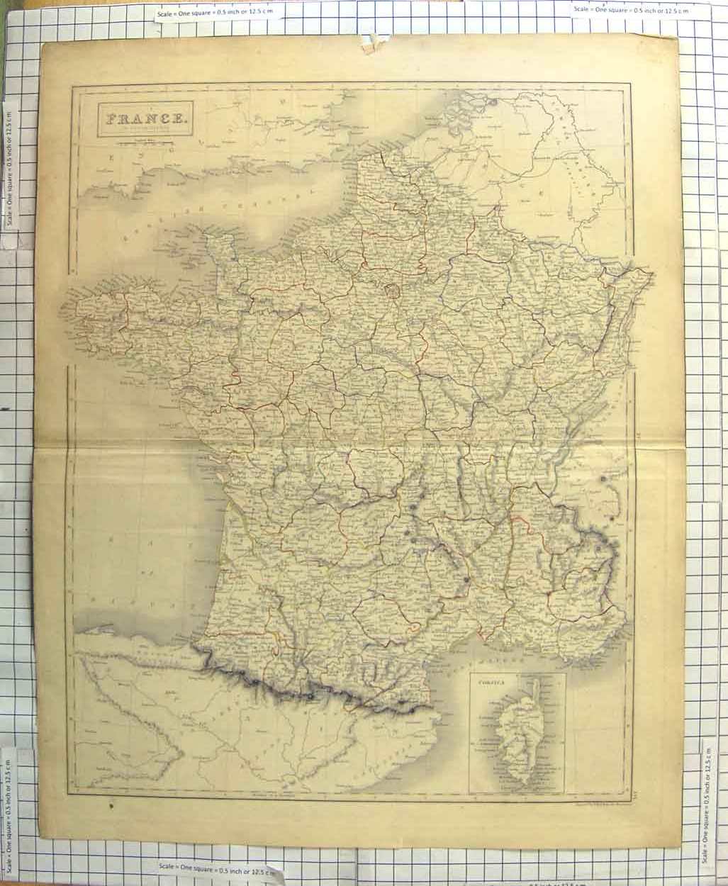 Old Antique Print Ref.646 Hall Map C1790-C1900 France Corsica Bay Biscay