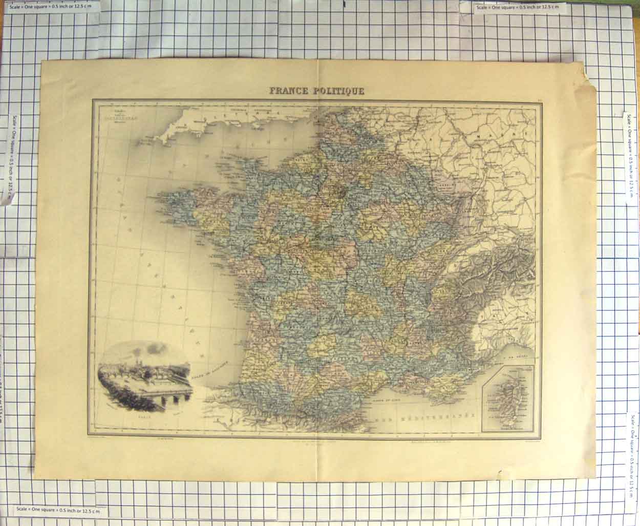 Original Old Antique Print Map C1790-C1900 France Political Regions Paris 18th