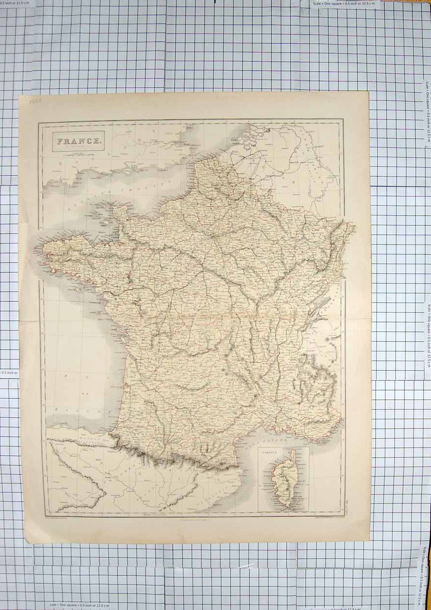 Old Antique Print Ref.647 Hall Map C1790-C1900 France Corsica Bay Biscay