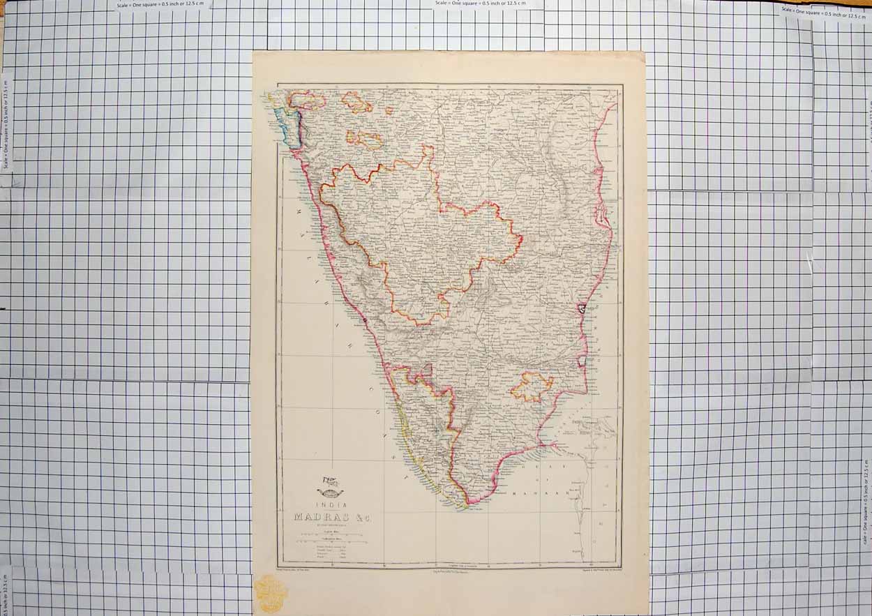 Original Old Antique Print Weller Map C1790-C1900 India Madras Gulf Manaar 18th
