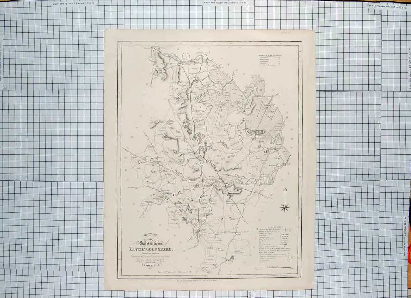 Original Old Antique Print Map C1833 Plan Huntingdonshire England 19th Century