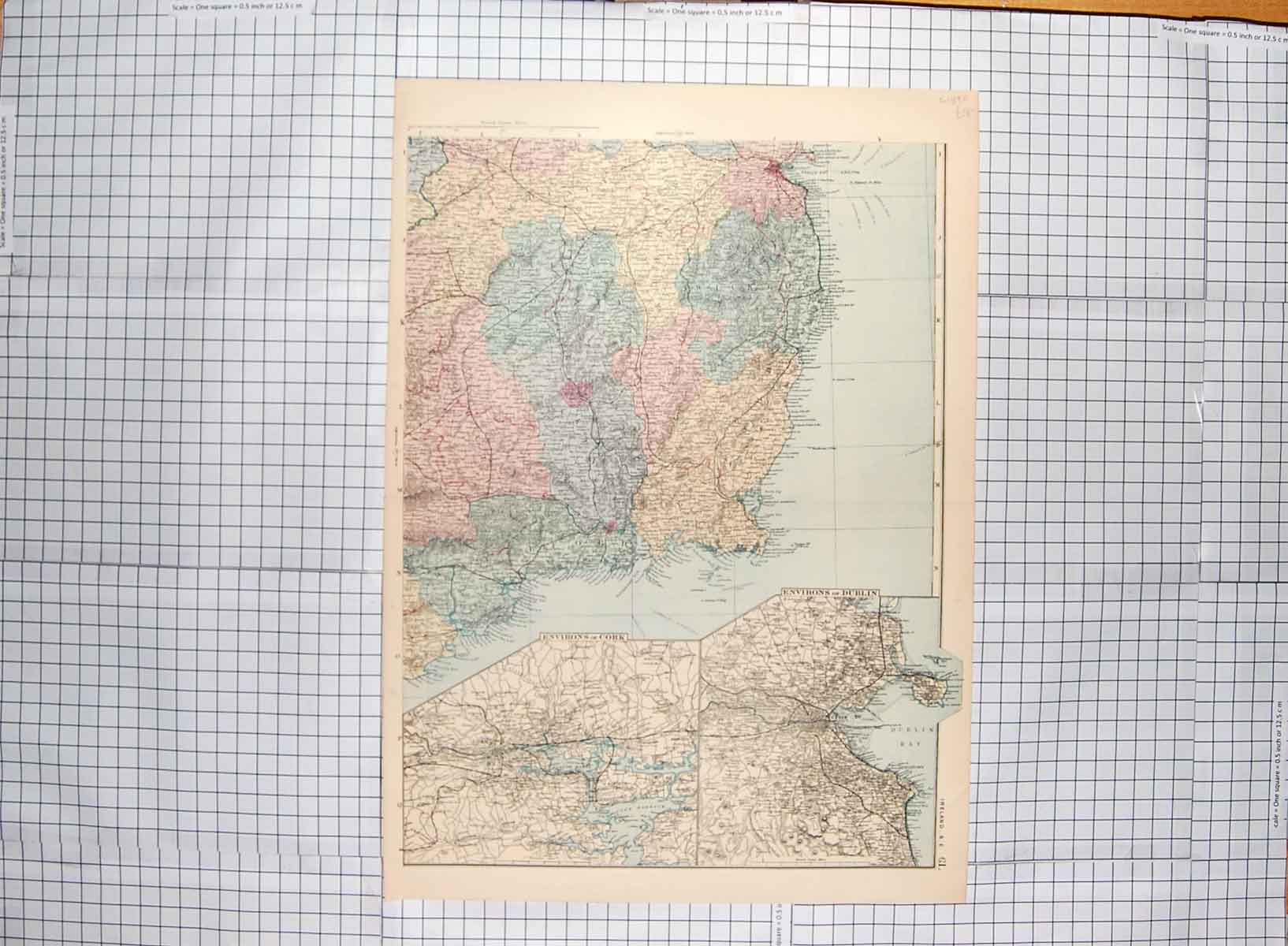 Original Old Antique Print Map C1890 Ireland Environs Dublin Cork Carlow 19th