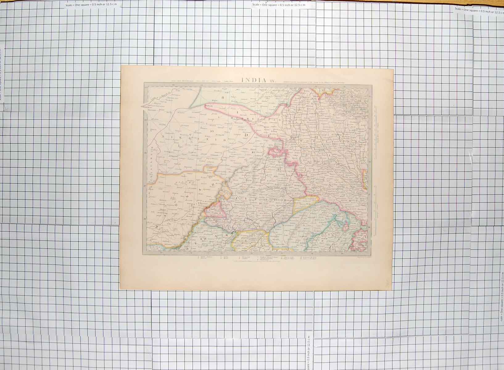 Original Old Antique Print Walker Map C1790-C1900 India Jypoor Delhi 18th