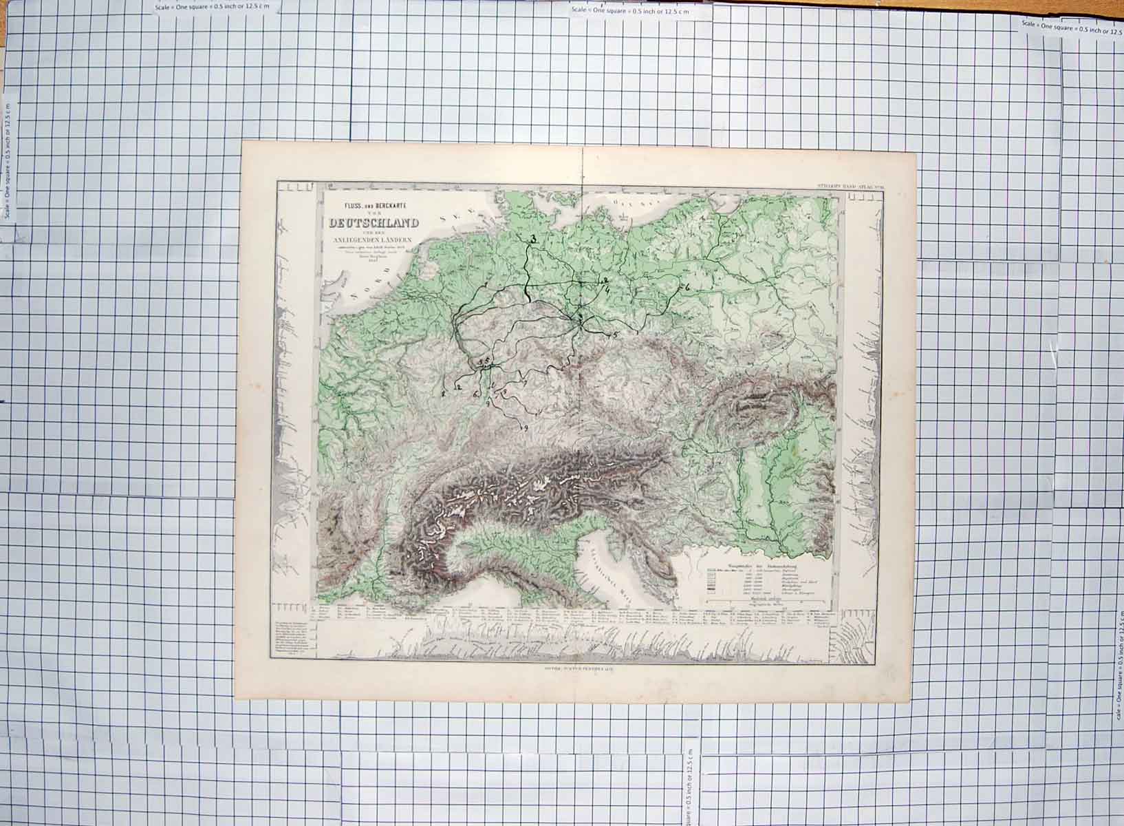 Original Old Antique Print Map C1790-C1900 Deutschland Mountains Alps 18th