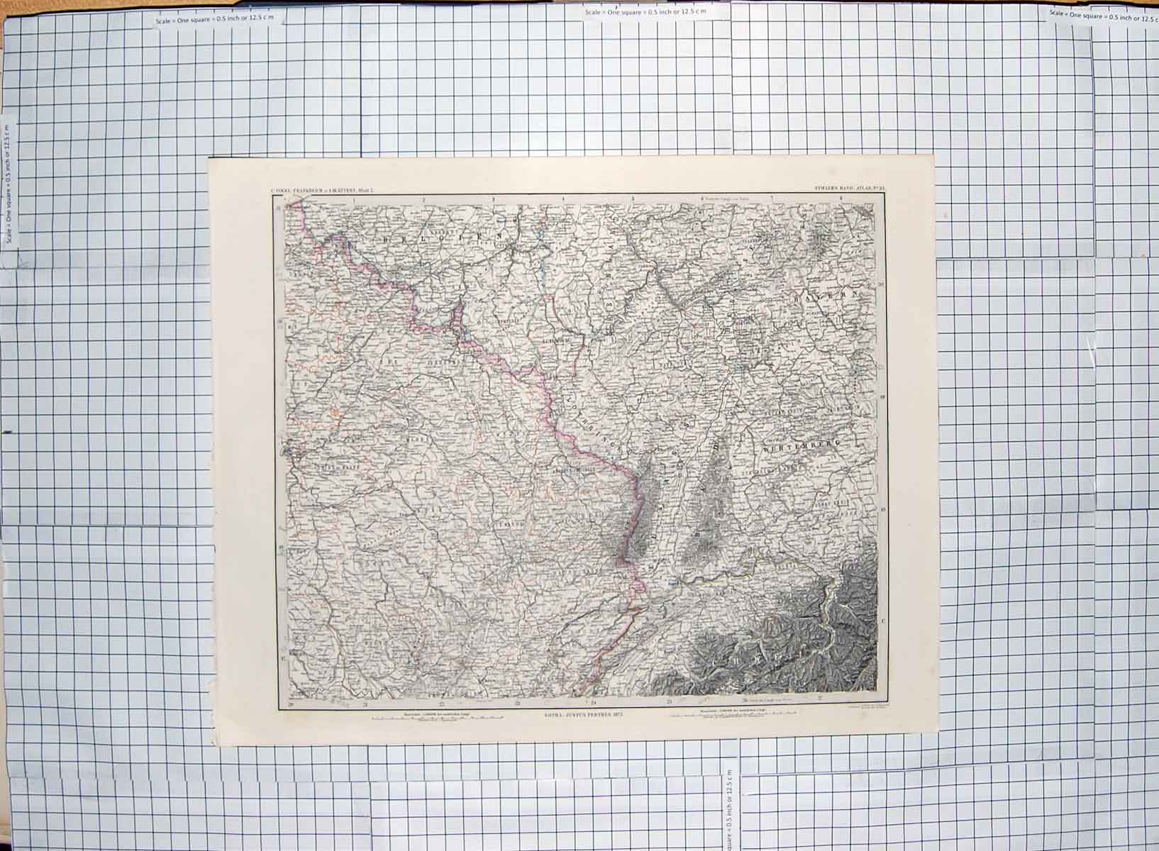 Original Old Antique Print Map 1875 Colmar Zurich Luxemburg Dijon Bayern 19th