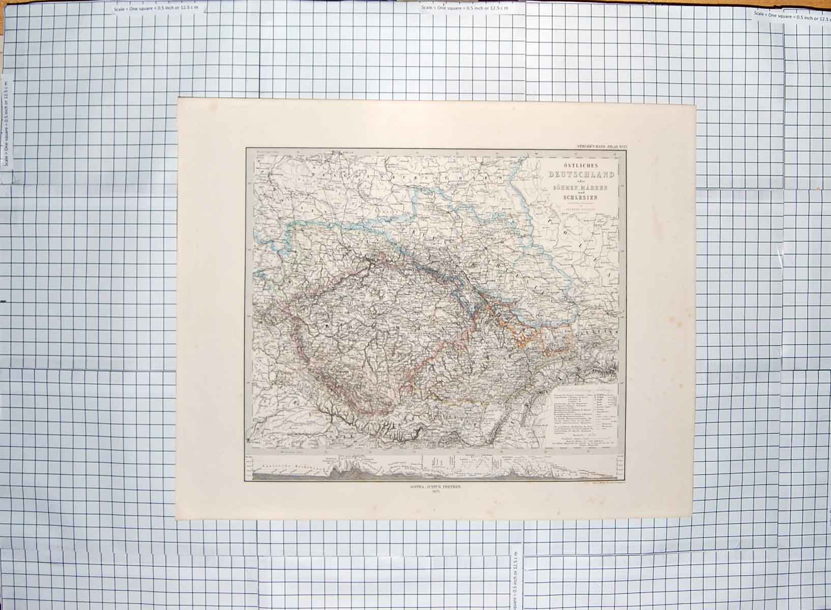 Original Old Antique Print Map 1873 Deutschland Bohmen Schlesien Prag Victorian