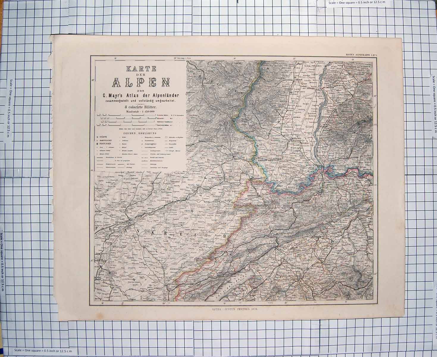 Original Old Antique Print Map 1876 Alps Mountains Bern Mulhausen Basel 19th