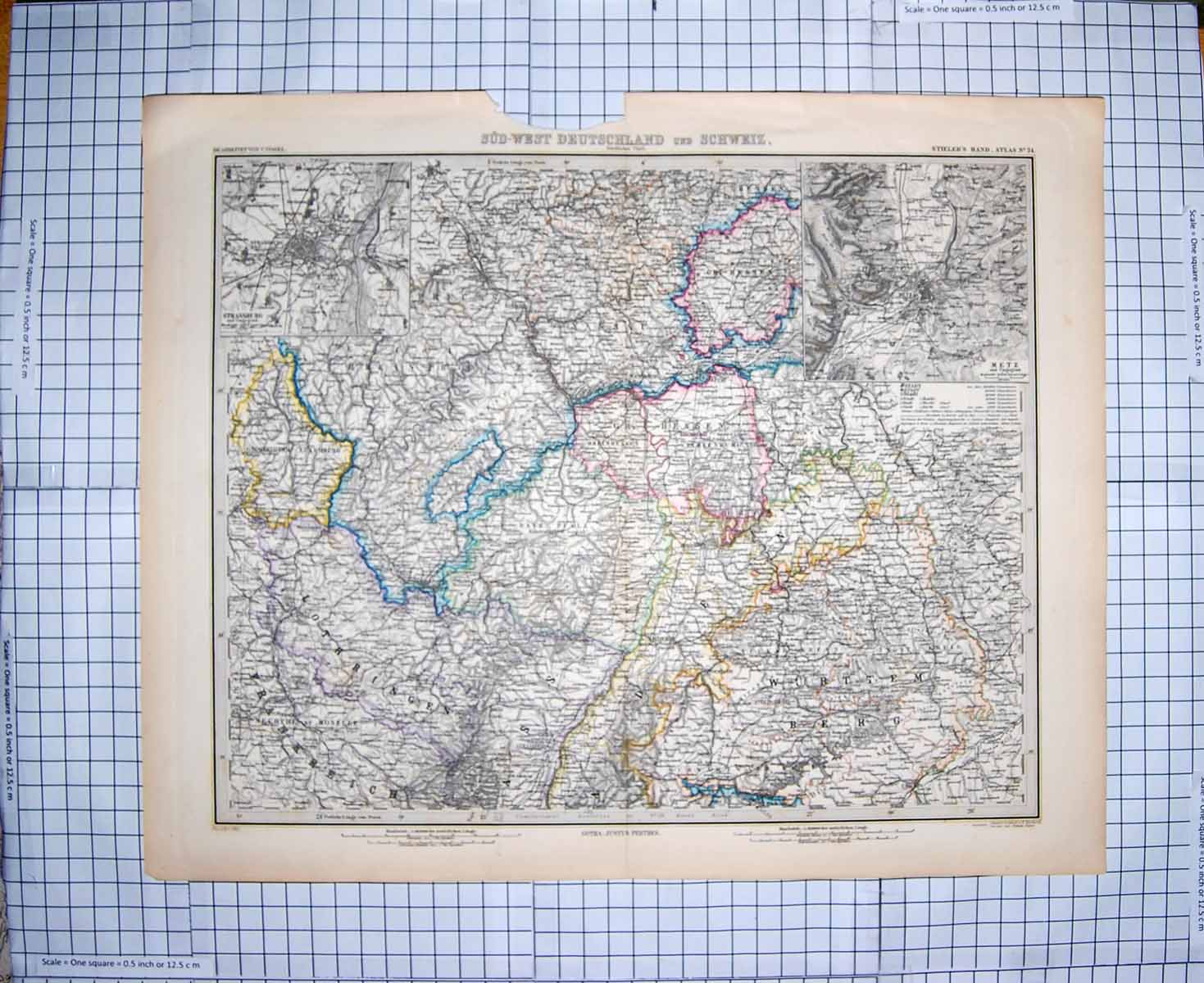Original Old Antique Print Map 1882 Metz Strassburg Luxemburg Wurttemberg 19th