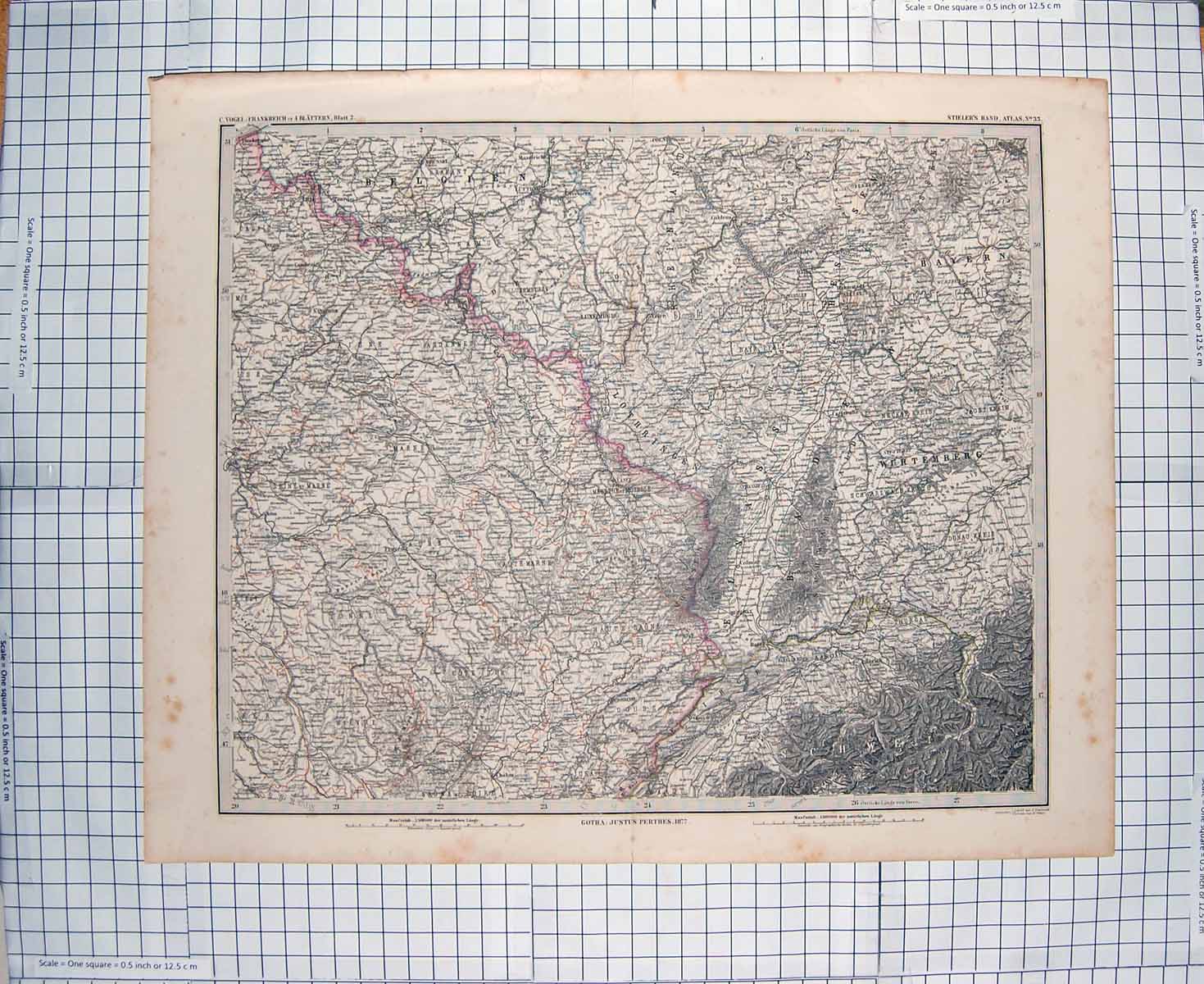 Original Old Antique Print Map 1877 Luxemburg Bayern Coblenz Strassburg 19th