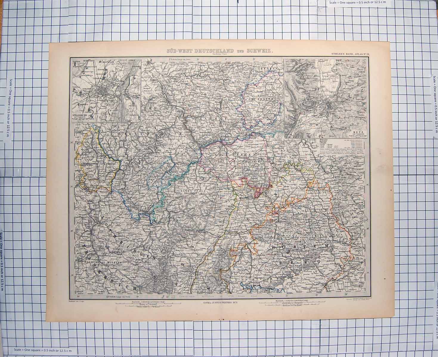 Original Old Antique Print Map 1878 Metz Strassburg Luxemburg Europe Victorian