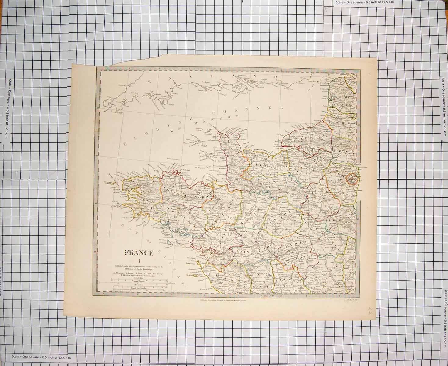 Original Old Antique Print Walker Map 1830 France Bay Biscay Belleisle 19th