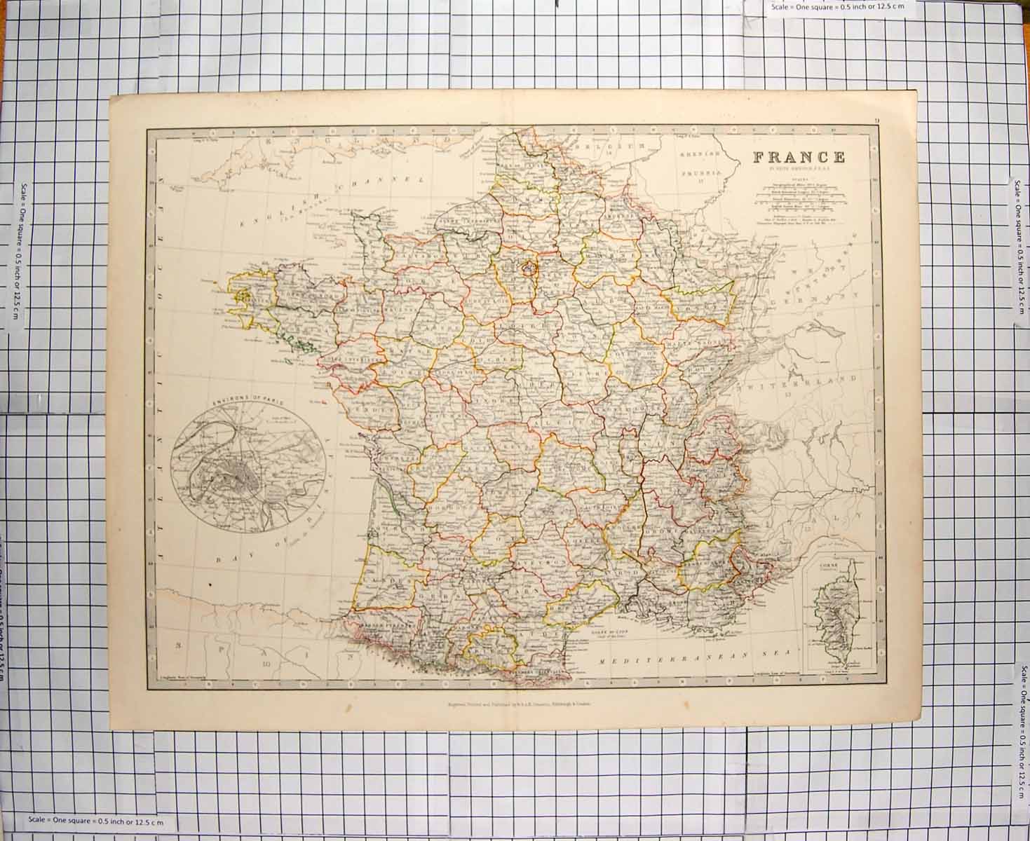Original Old Antique Print Johnston Map C1790-C1900 France Corsica Paris 18th