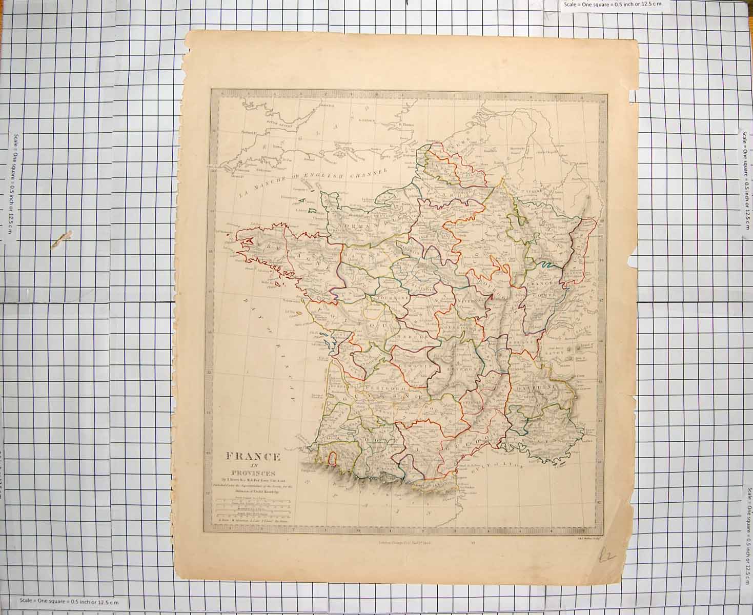 Original Old Antique Print Walker Map 1853 France Gulf Lyon Bay Biscay 19th