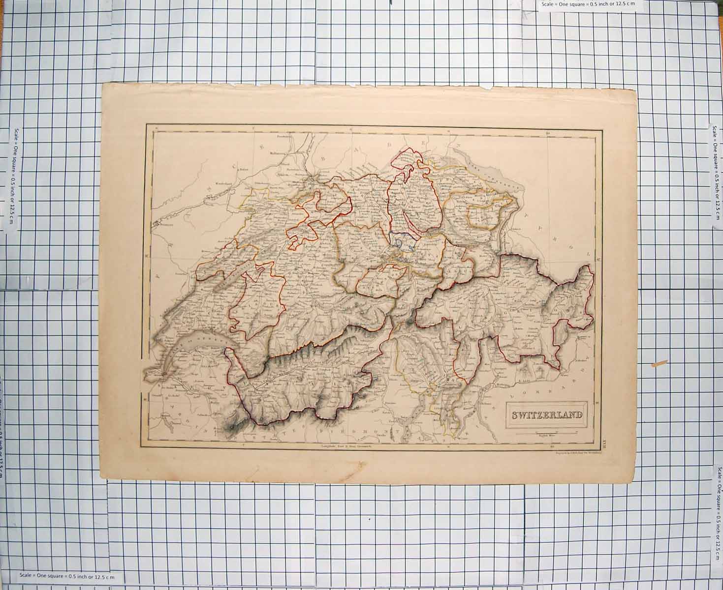 Original Old Antique Print Hall Map C1790-C1900 Switzerland Europe 18th Century