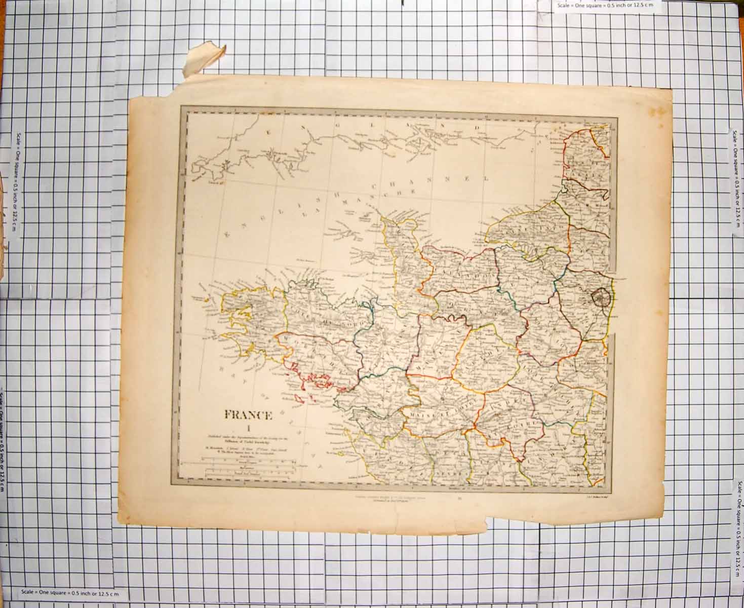 Original Old Antique Print Walker Map 1844 France Paris Bay Biscay Loire 19th
