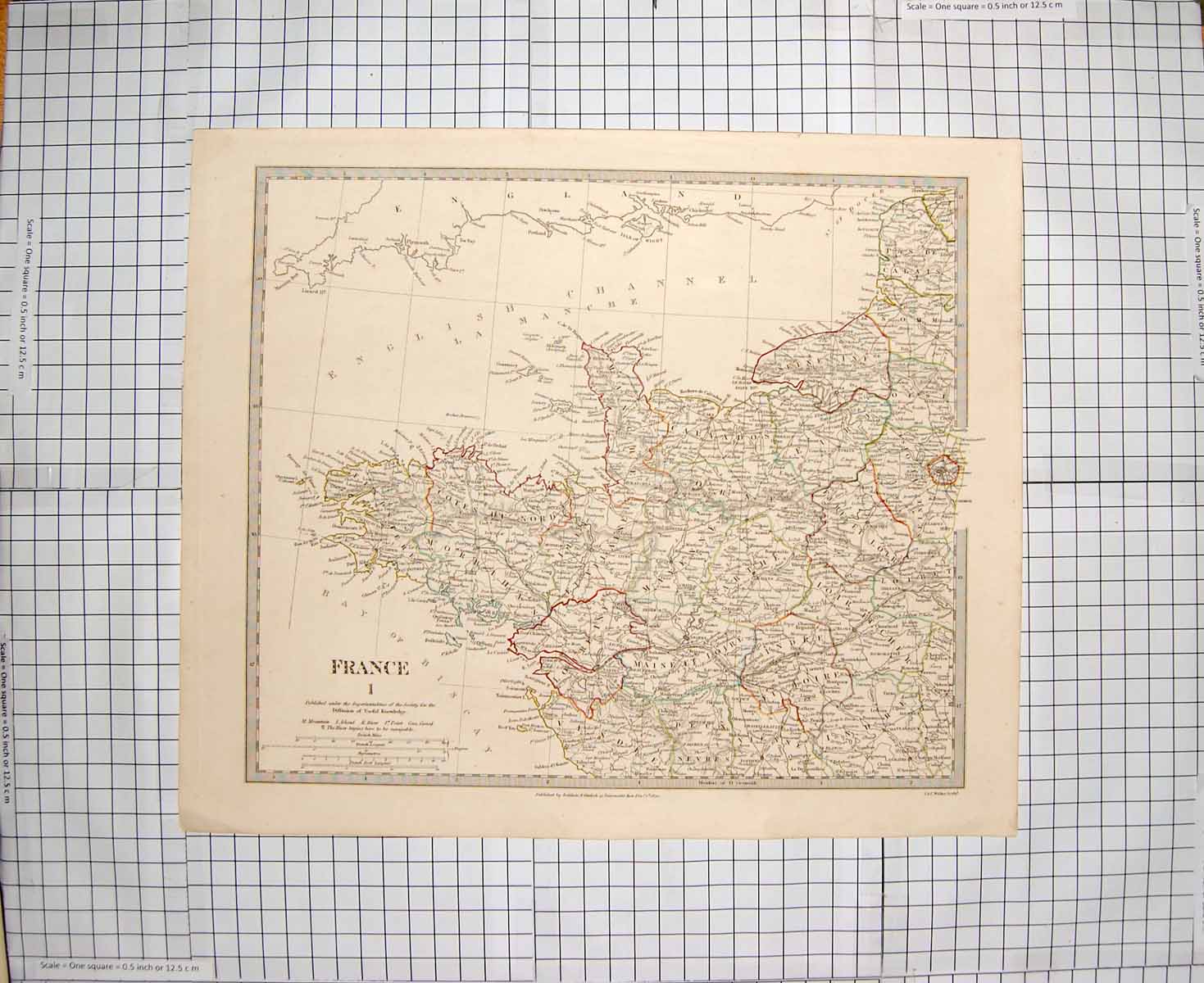 Original Old Antique Print Walker Map 1830 France Bay Biscay Paris 19th Century
