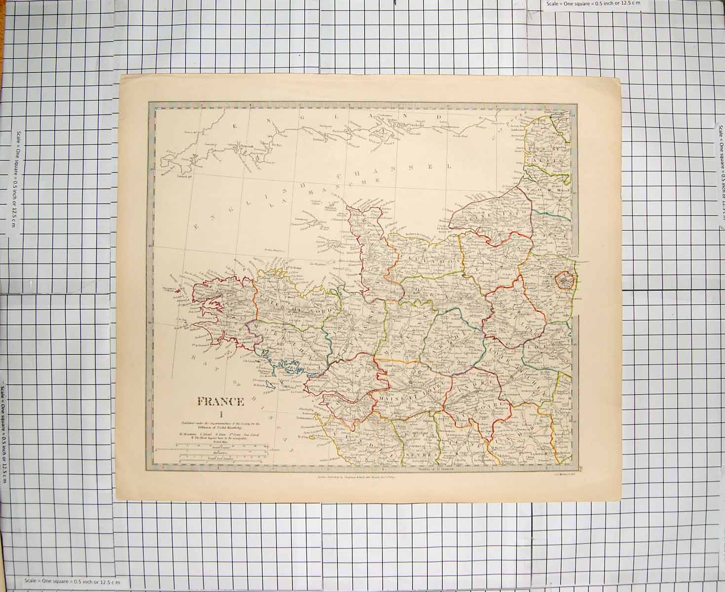 Original Old Antique Print Walker Map 1830 Northern France Bay Biscay 19th