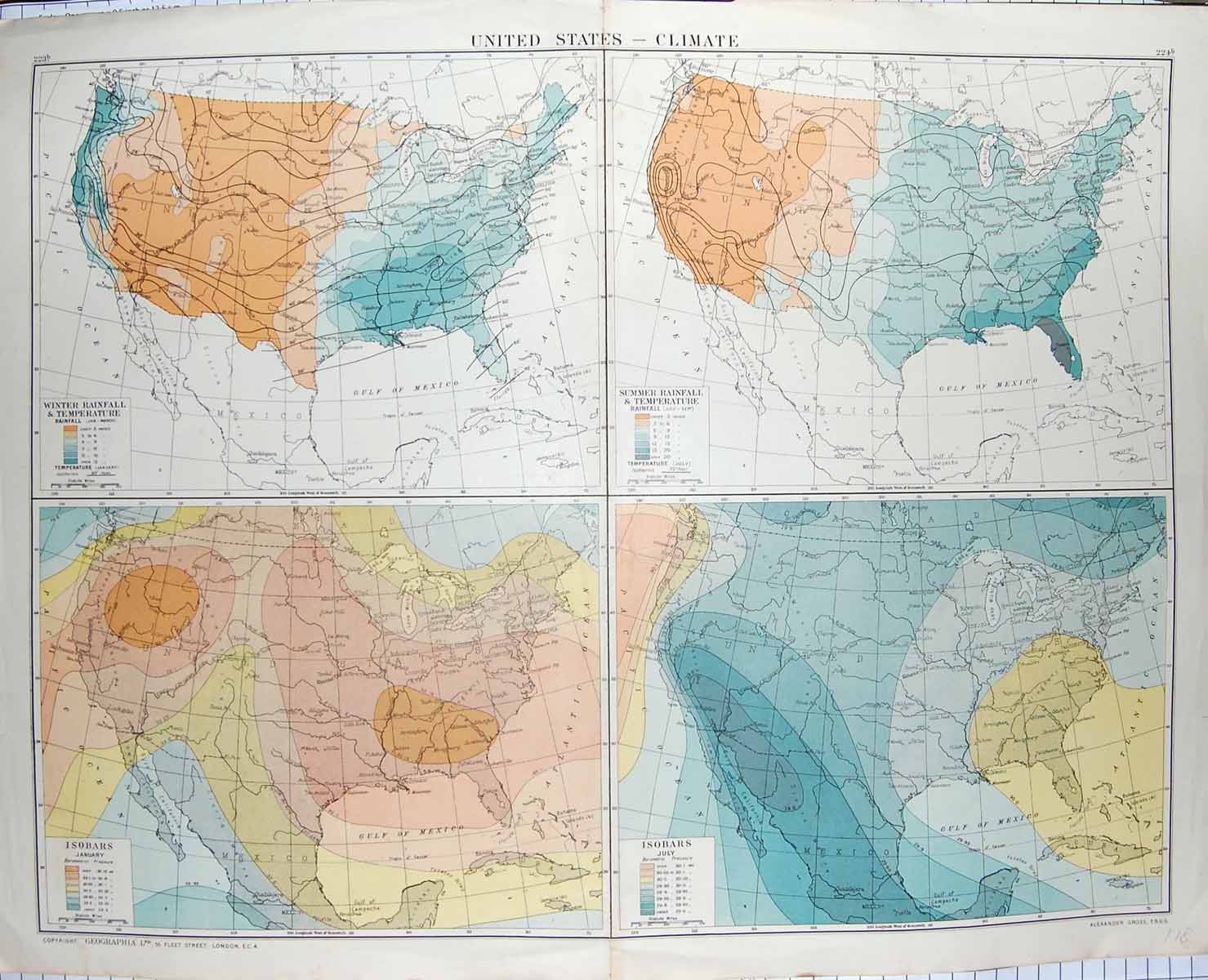 Old Antique Print Bacon Map 1894 United States America Climate Rainfall 19th