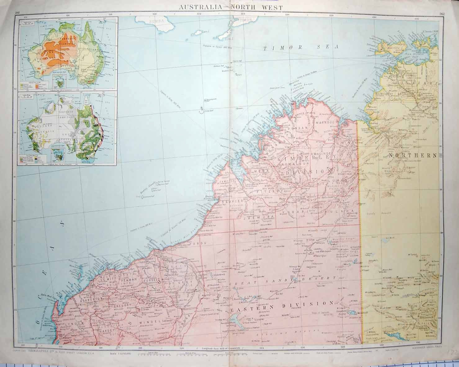 Original Old Antique Print Bacon Map 1894 Australia Vegitation Economics Chart