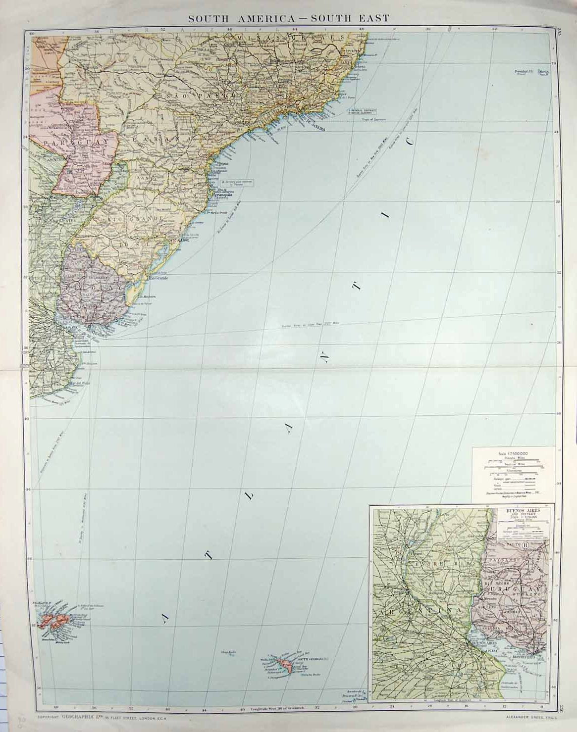 Original Old Antique Print Bacon Map 1894 South America Rio Janeiro Argentina